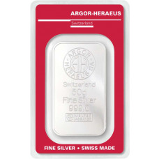 Lingotto ARGENTO 999/000 ARGOR-HERAEUS 50 Grammi  SPEDIZIONE GRATUITA